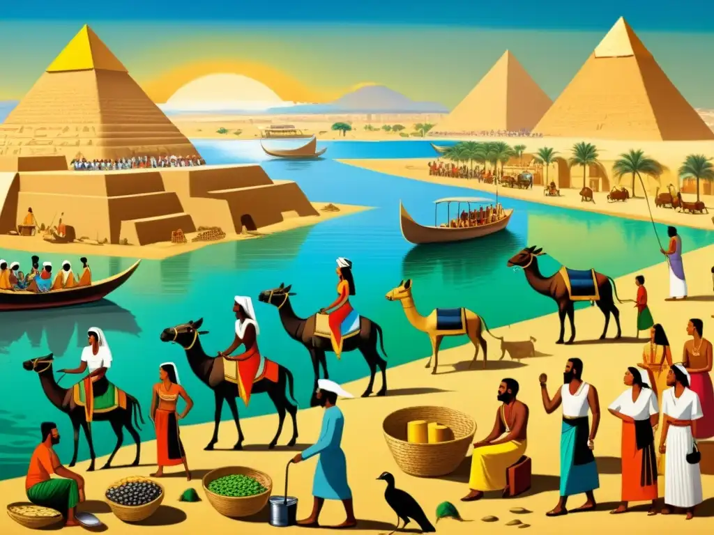 Una detallada pintura vintage de la vida cotidiana en el antiguo Egipto, con jeroglíficos y actividades diarias a lo largo del majestuoso río Nilo