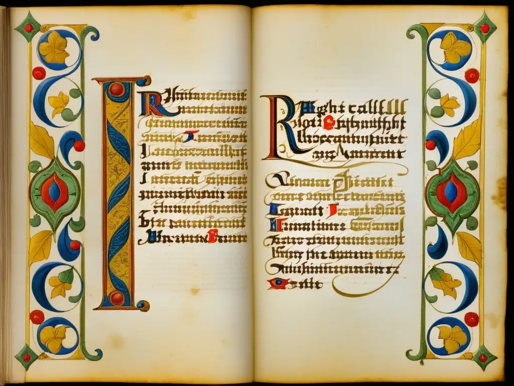 Detallada documentación de sistemas de escritura renacentista en un manuscrito bellamente caligrafiado, con letras iluminadas y colores vibrantes