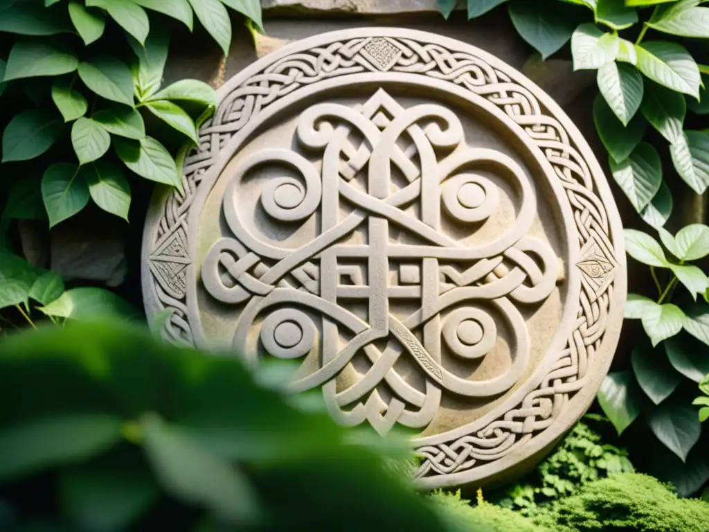 Escultura celta en piedra: Intrincados nudos y símbolos antiguos Detallada talla celta en piedra con nudos y símbolos antiguos, rodeada de exuberante vegetación