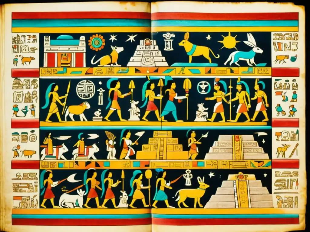 Detallado codex maya con jeroglíficos e ilustraciones de dioses y cuerpos celestes