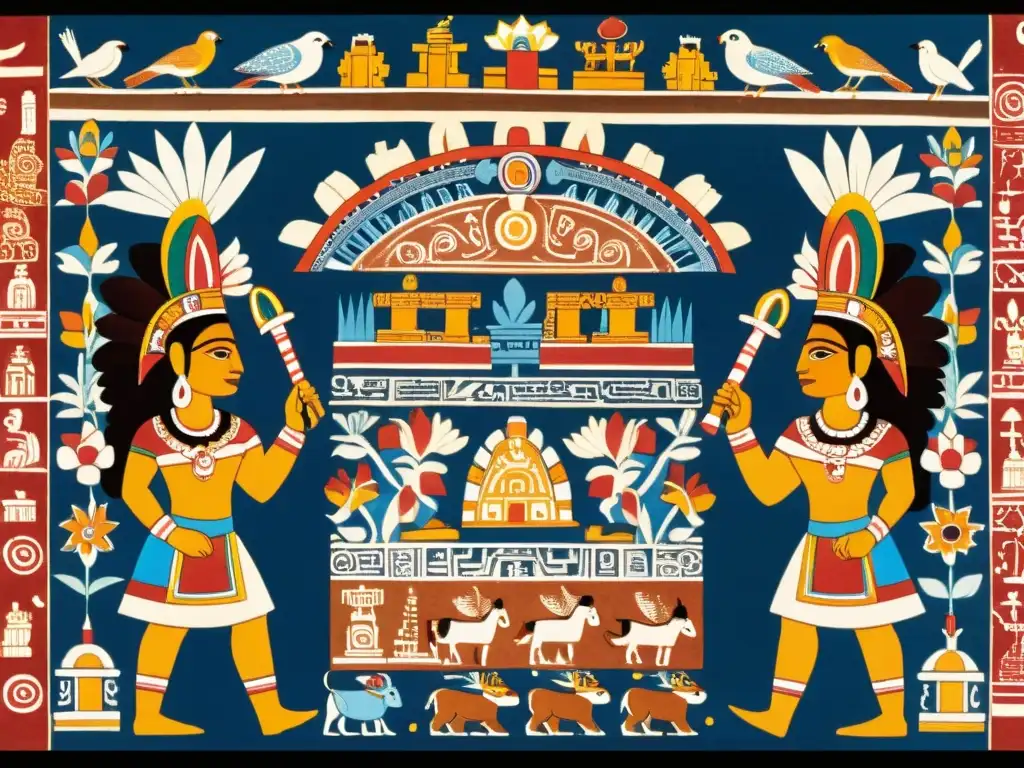 Antiguos relatos Mixtecos en codex Detallado códice Mixteco con vibrantes escenas narrativas y divinas en estilo pictográfico, colores ricos y figuras detalladas