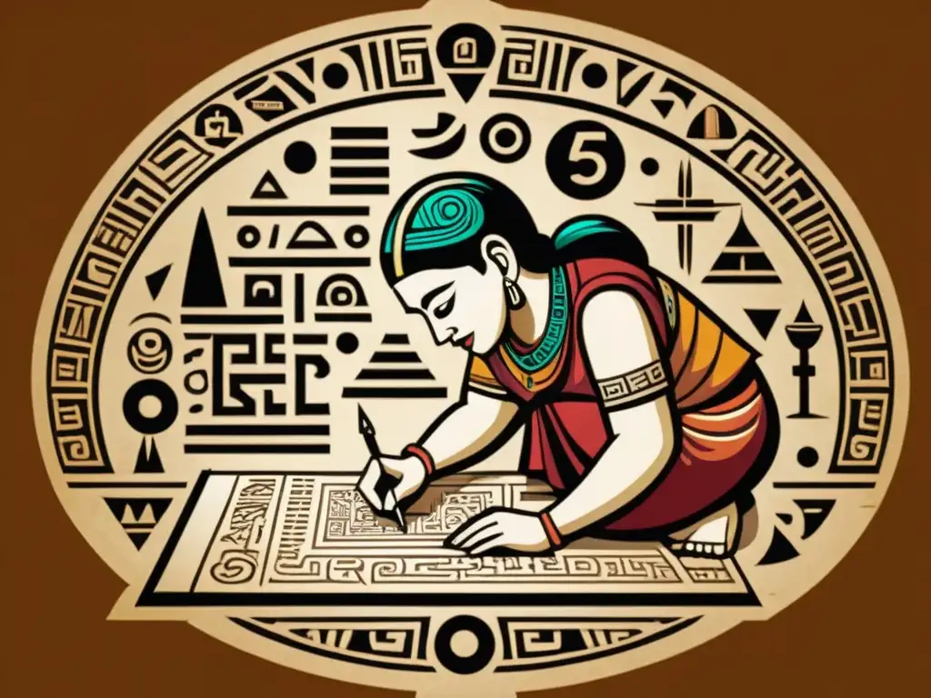 Un detallado dibujo vintage de un escriba maya inscribiendo glifos en un pergamino, rodeado de artefactos antiguos y símbolos