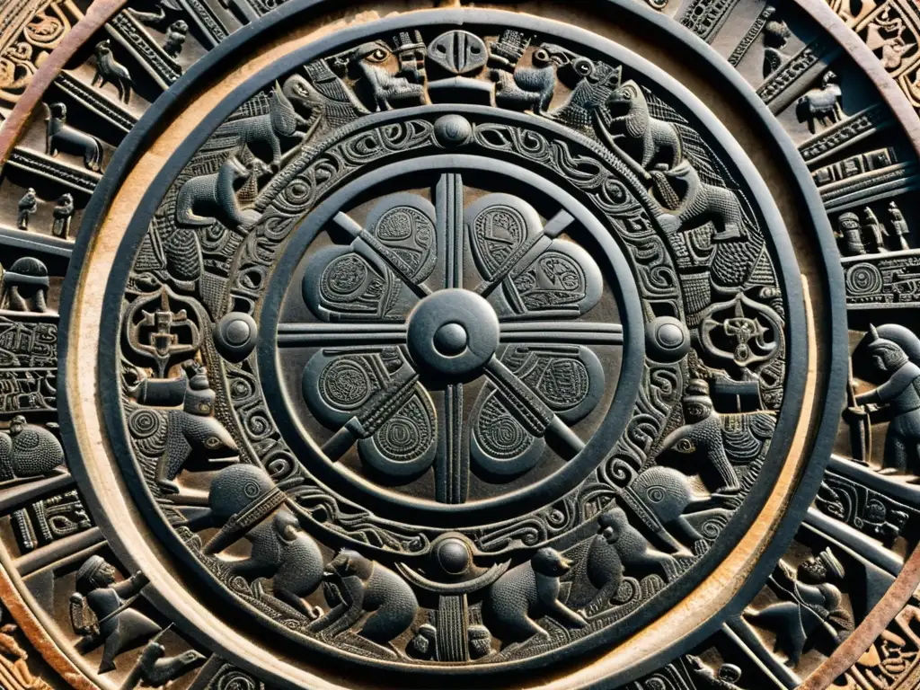 Disco de piedra tallado: Detalles intrincados y símbolos en relieve Detallado disco de piedra con enigmáticos símbolos y figuras en relieve
