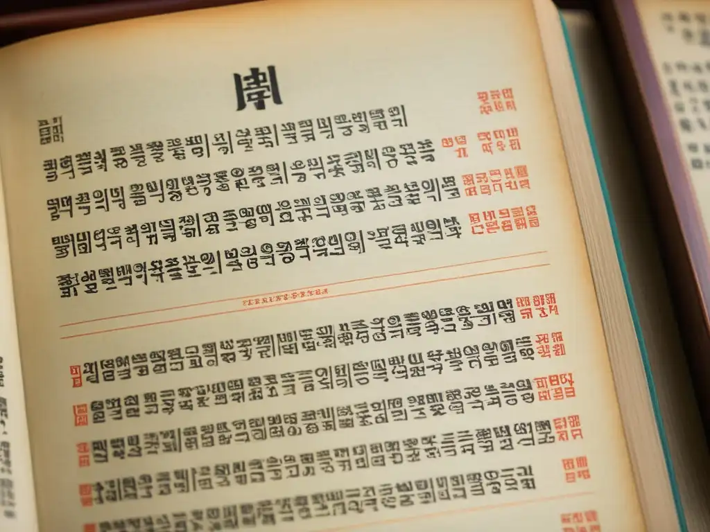 Detallado libro vintage de texto en coreano con elegantes caracteres Hangul