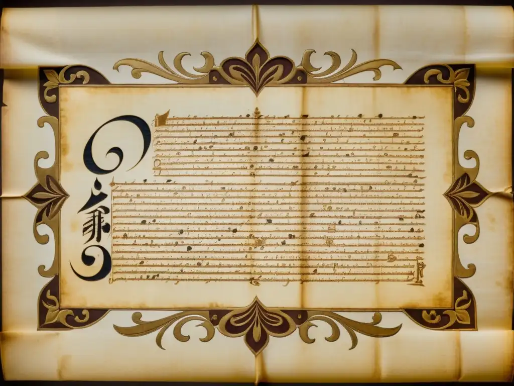 Pergamino antiguo con caligrafía detallada y ornamentos Detallado manuscrito antiguo con caligrafía ornamental y bordes iluminados, evocando significado histórico y artesanía