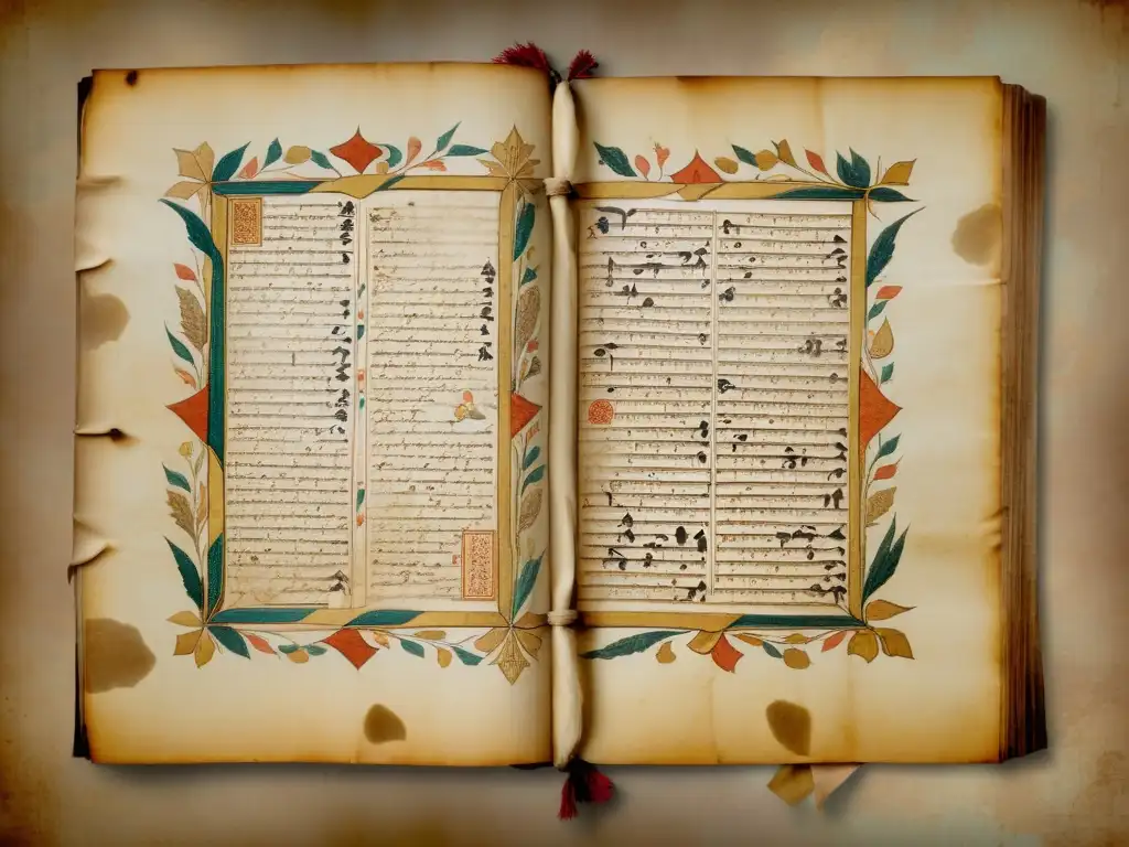 Detallado manuscrito histórico en pergamino envejecido, con caligrafía e ilustraciones delicadas, evocando historia y cultura