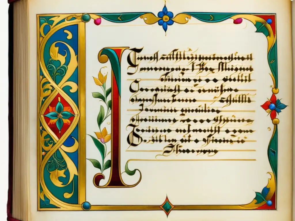 Detallado manuscrito iluminado con caligrafía carolingia, colores vibrantes y toques de oro, resplandece con historia y arte