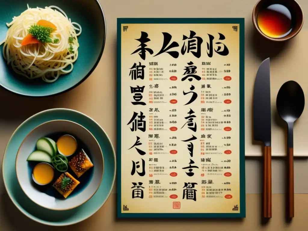 Detallado menú japonés vintage con kanji, arte y caligrafía, invitando a explorar el significado y uso de kanji en cocina japonesa