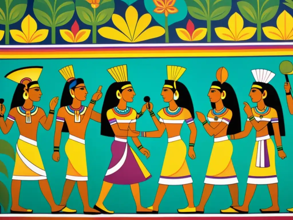Detallado mural maya en Bonampak con escenas de la vida diaria y ceremonias religiosas