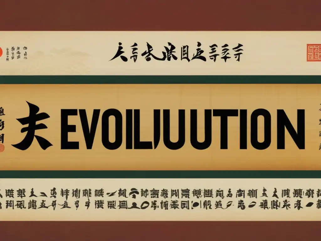 Detallado pergamino vintage con sistemas de escritura asiática comparados en tonos terrosos, evocando historia y artesanía