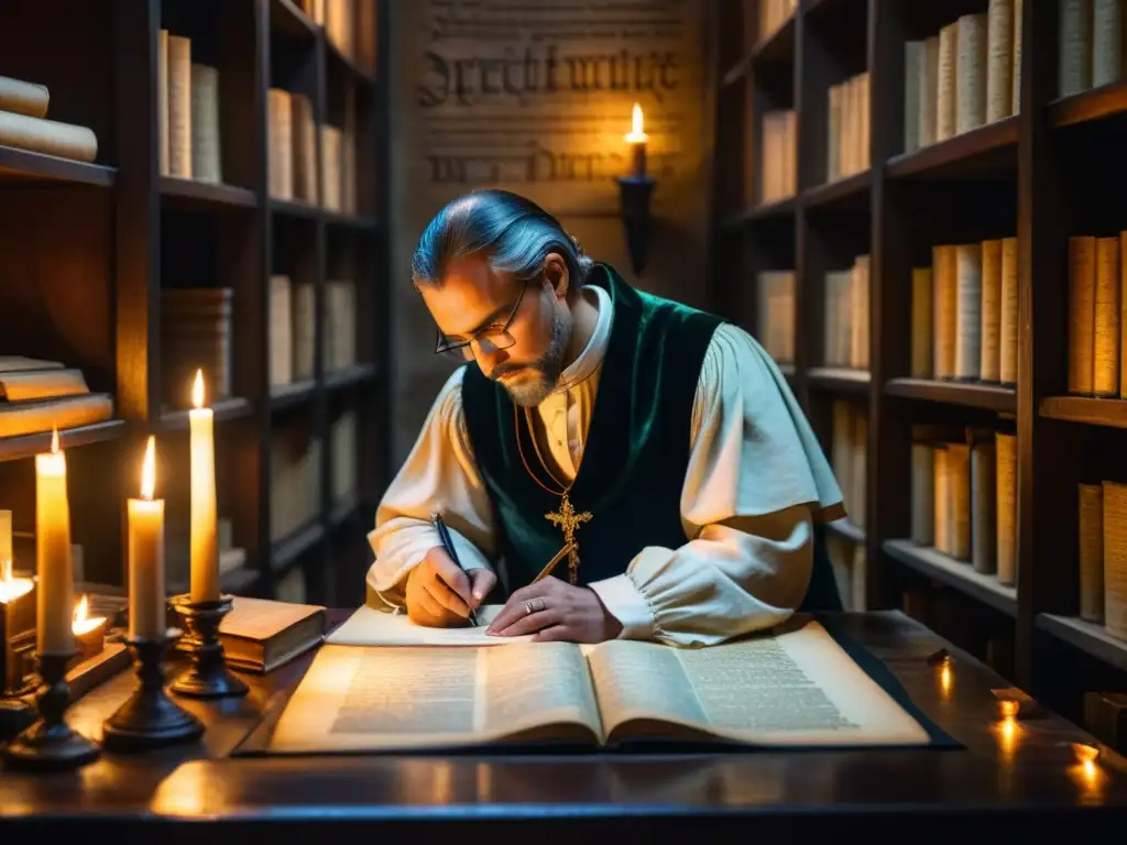 Un detallado retrato de un escriba medieval transcribiendo un documento a mano en un scriptorium gótico, rodeado de antiguos pergaminos y libros