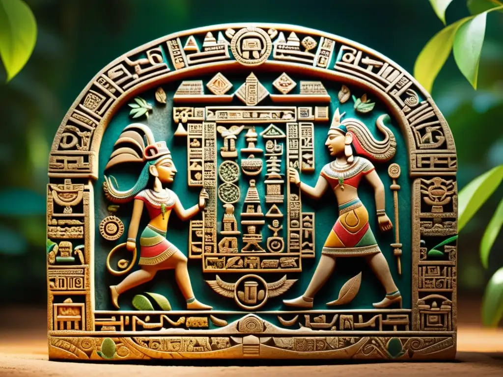 Detallado tallado de glifos mayas con colores vibrantes y diseños intrincados, iluminado por el cálido sol