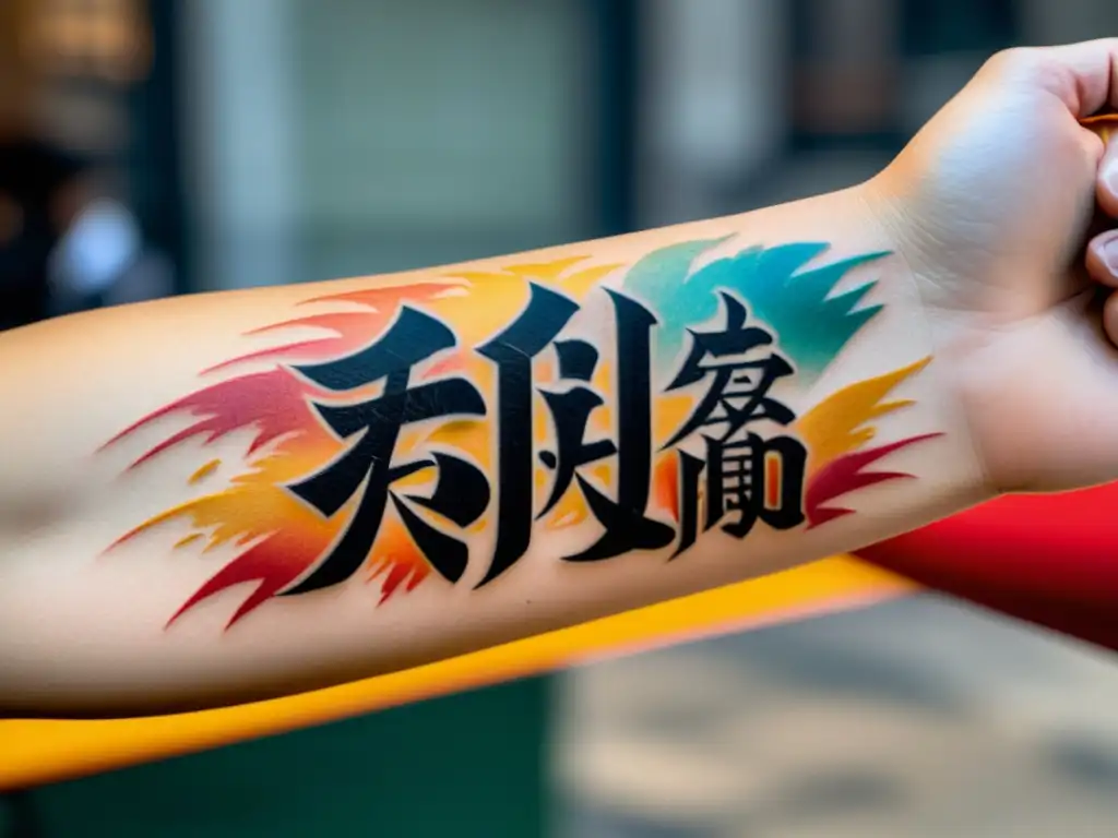 Detallado tatuaje de caracteres chinos con significado, muestra intrincados trazos y colores vibrantes en antebrazo