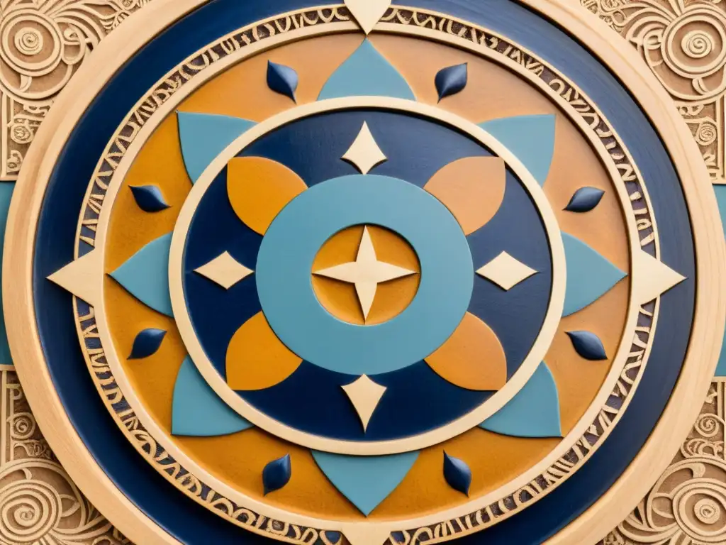 Detalle de mandala de alfabetos antiguos en tonos tierra sobre madera envejecida, evocando significados mandala alfabetos antiguos