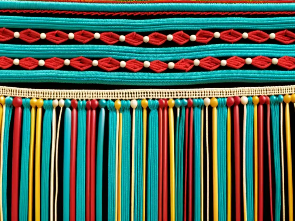 Detalle en alta resolución de un quipu incaico, resaltando sus intrincados nudos y colores vibrantes