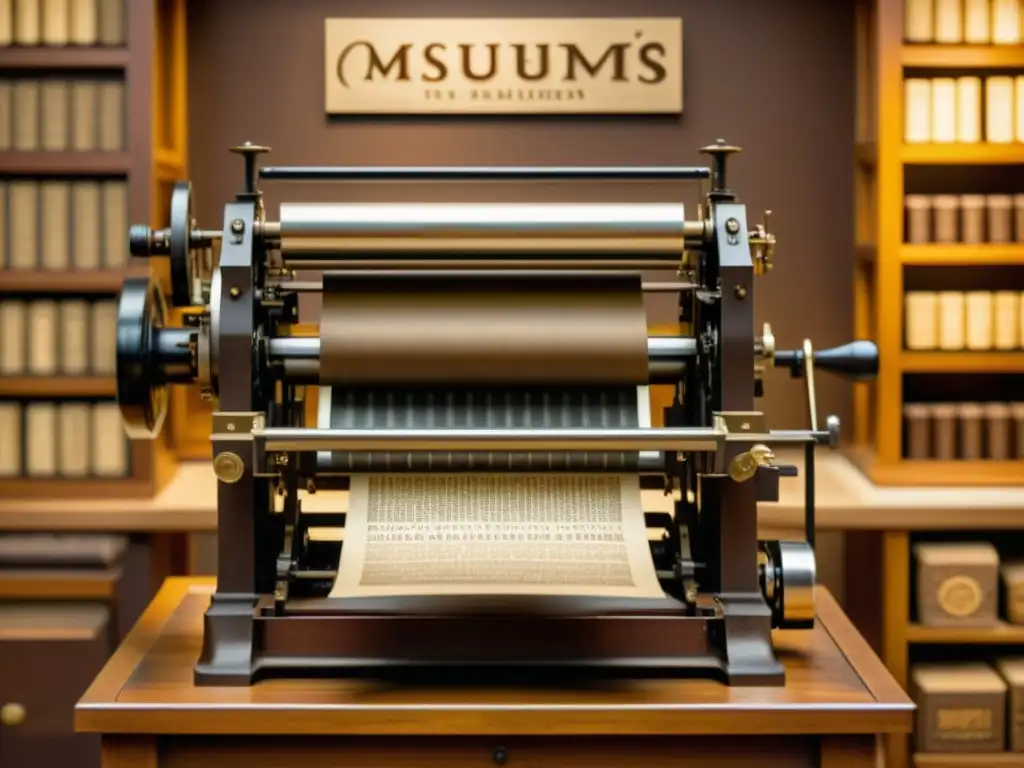 Detalle de antigua prensa de imprenta rodeada de tipografías históricas en museos, evocando nostalgia y rica historia tipográfica