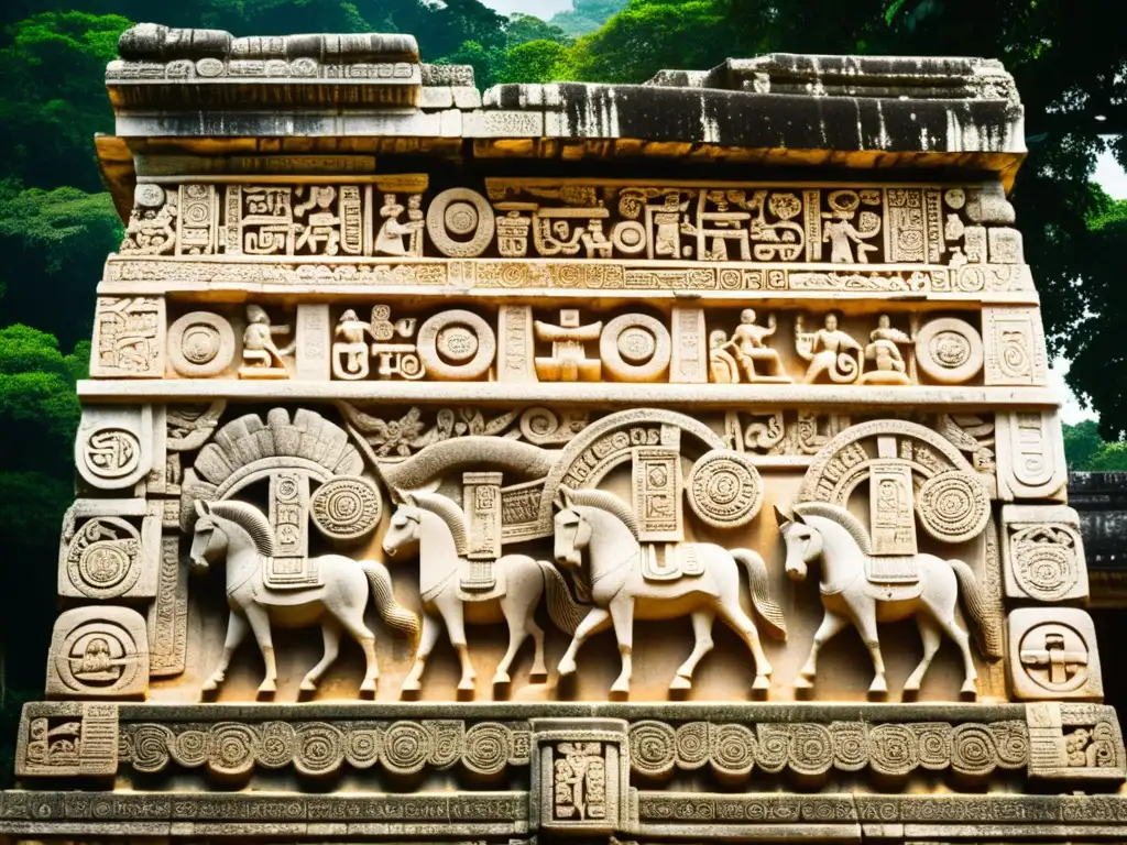 Detalle de las antiguas inscripciones en Palenque, evocando los misteriosos códigos de Palenque en arqueología