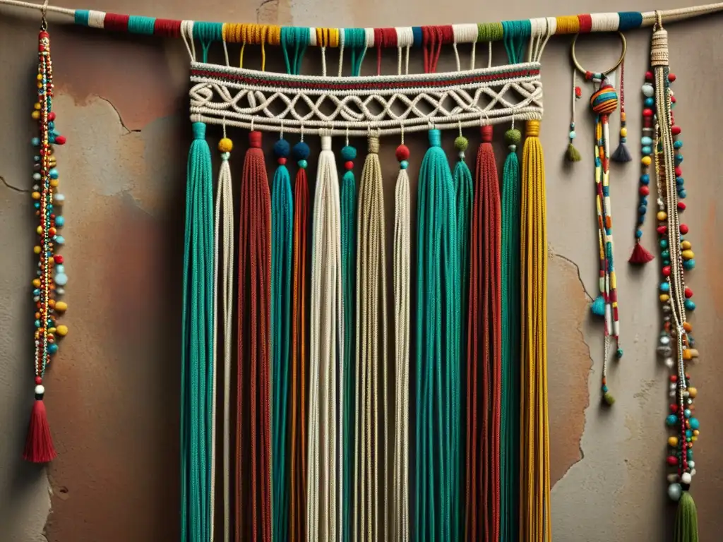 Detalle de un antiguo quipu andino bien conservado con intrincados nudos y cuerdas multicolores, destacando su artesanía