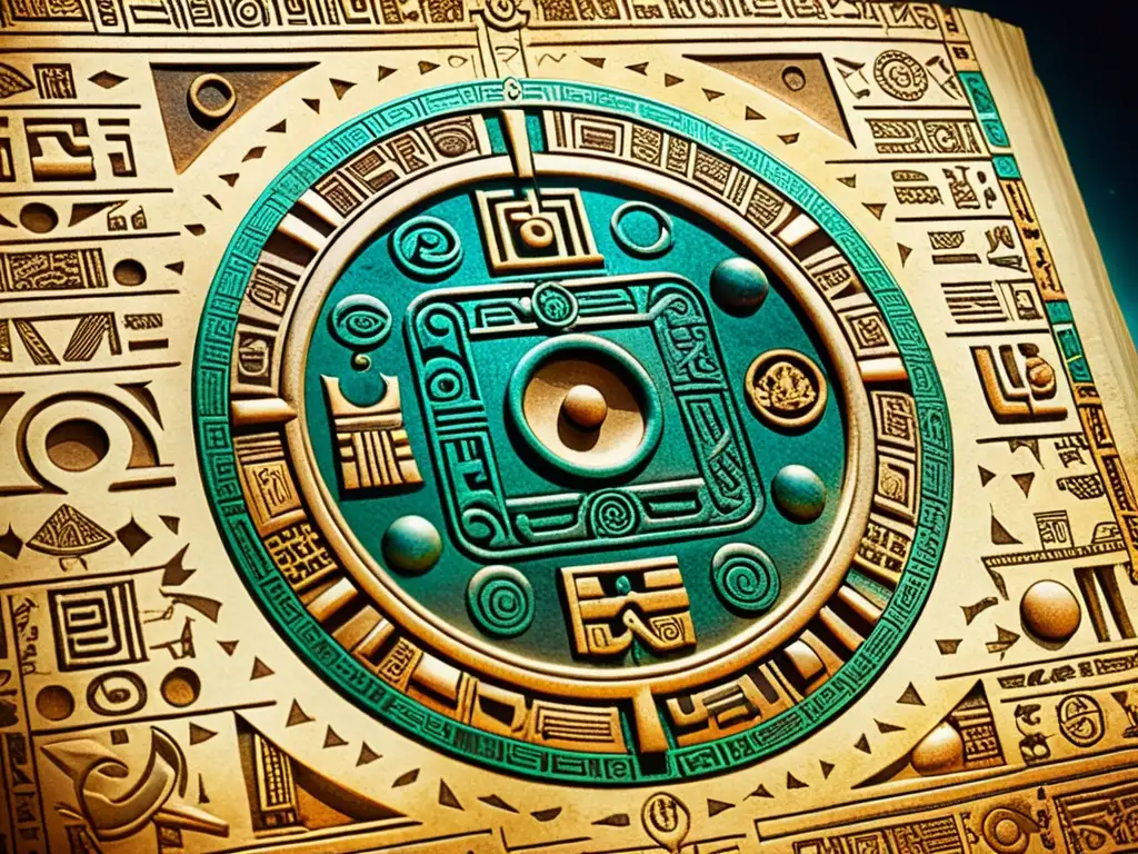 Detalle de un antiguo códice maya con escritura jeroglífica y símbolos cósmicos, evocando sabiduría ancestral y la influencia de la cosmología moderna