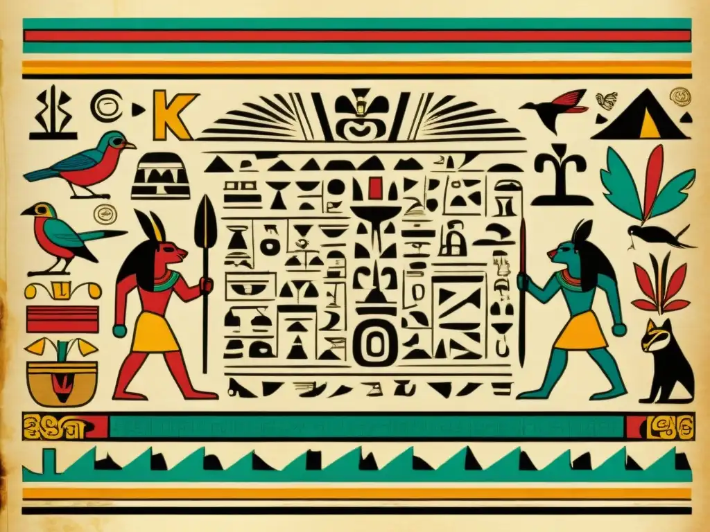 Detalle de un antiguo códice mesoamericano con intrincados glifos e ilustraciones coloridas de deidades, animales y eventos históricos