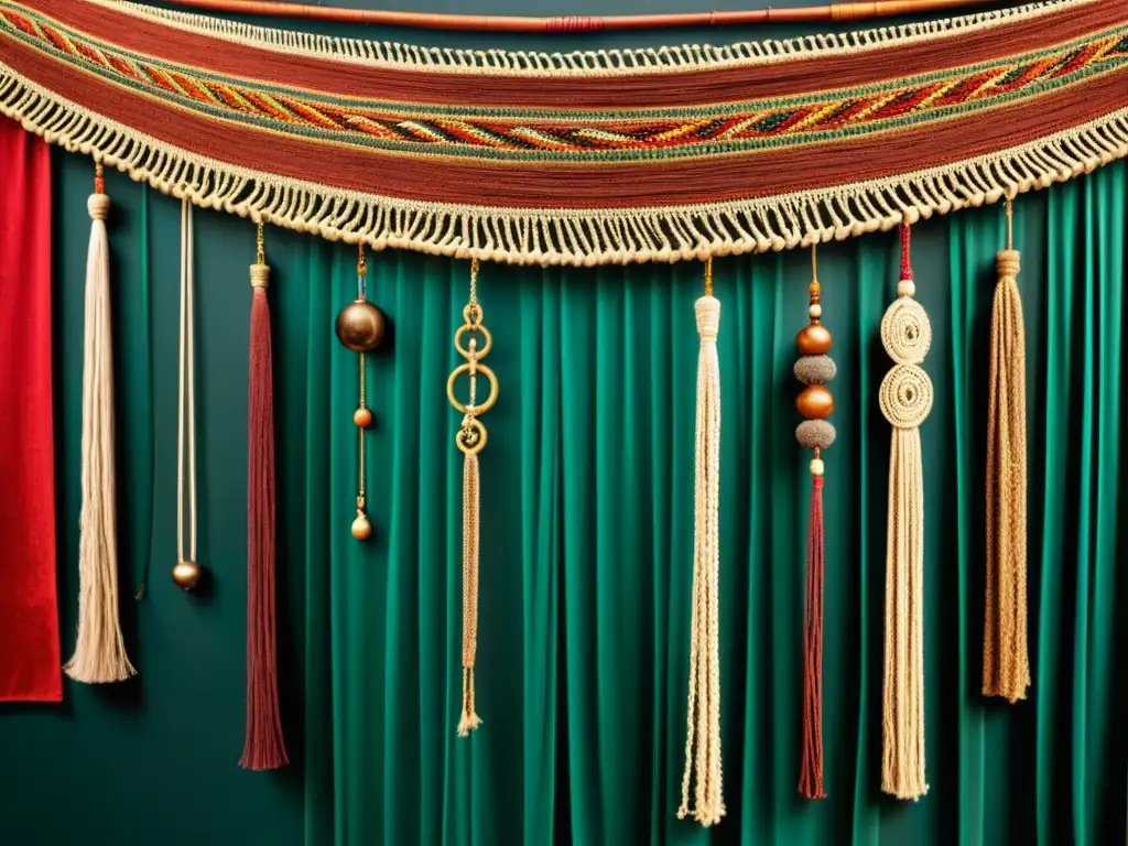 Detalle de un antiguo quipu inca bien conservado, con nudos coloridos y texturas antiguas