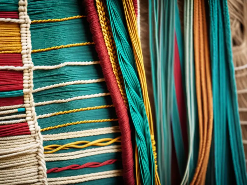 Detalle de un antiguo quipu inca, con nudos coloridos y tela envejecida
