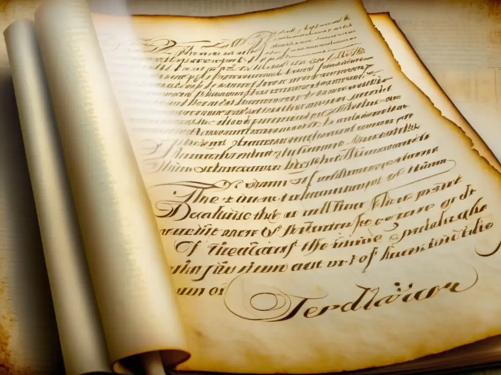 Detalle de un antiguo manuscrito iluminado por una cálida luz, mostrando la riqueza de su caligrafía