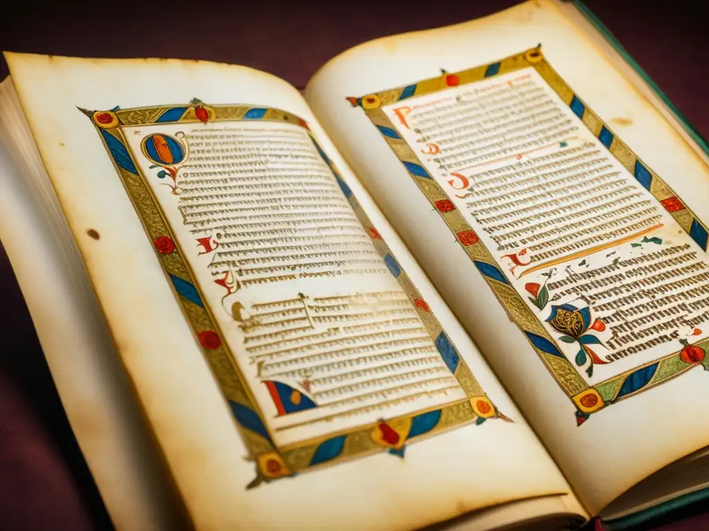 Detalle de un antiguo manuscrito medieval bien conservado exhibido bajo una cálida iluminación, resaltando la artesanía y valor histórico y artístico de adquirir manuscritos confiables para la colección