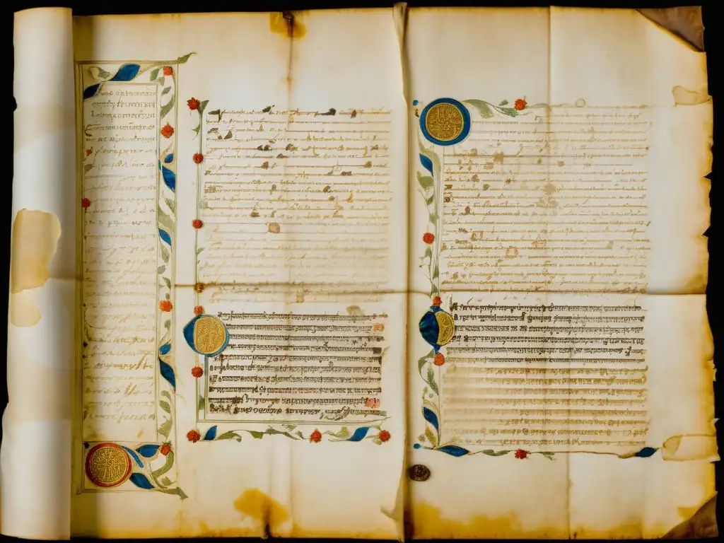 Manuscrito antiguo con caligrafía y sellos Detalle de antiguo manuscrito en pergamino con escritura ornamental y sutiles ilustraciones en acuarela