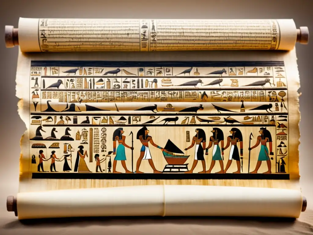 Detalle de un antiguo pergamino egipcio con intrincadas inscripciones jeroglíficas, materiales de escritura antiguos y tonos sepia sutiles