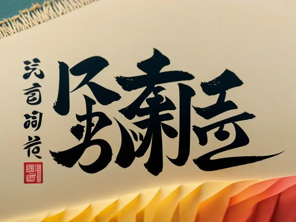 Detalle cercano de caligrafía tradicional coreana, resaltando la singularidad del Hangul en escrituras con trazos intrincados y colores vibrantes