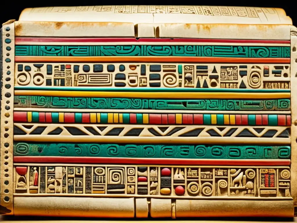 Detalle de un codex maya antiguo y bien conservado con hermosos jeroglíficos y colores vibrantes, evocando la importancia de preservar la escritura maya lingüística