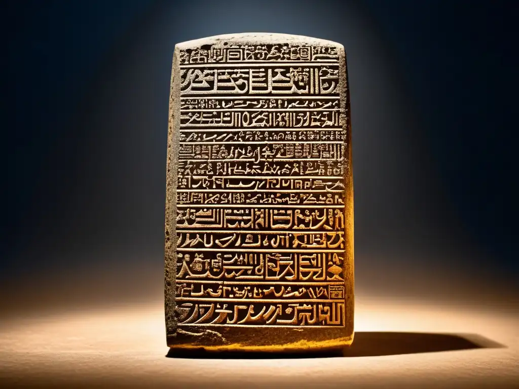 Detalle del Código de Hammurabi en cuneiforme, resaltando su legado histórico en una atmósfera de reverencia y aprecio académico