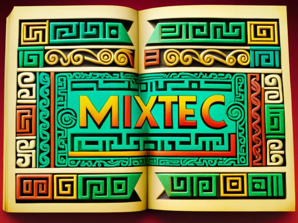 Detalle colorido de un antiguo códice Mixteca con símbolos complejos y significado profundo de la escritura Mixteca descifrada