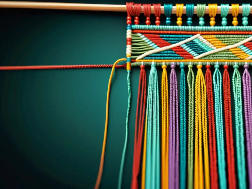 Detalle colorido y complejo del quipu inca, sistema de escritura ancestral