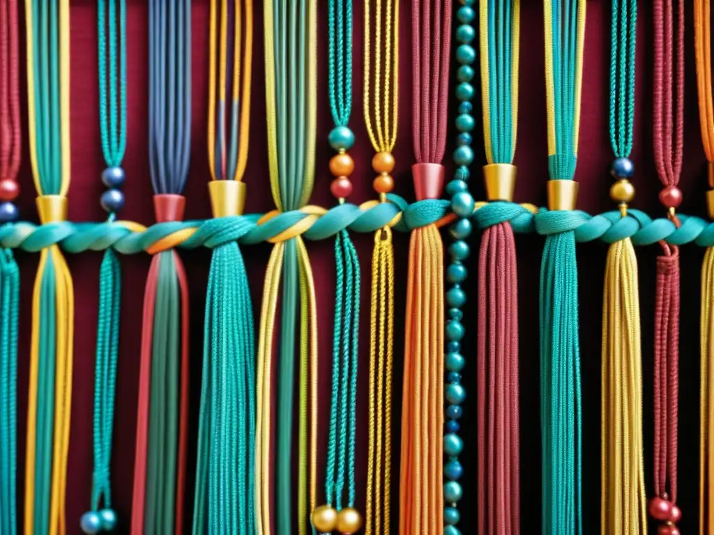 Detalle colorido y complejo de un Quipu con técnica de nudos, evocando historia y cultura inca