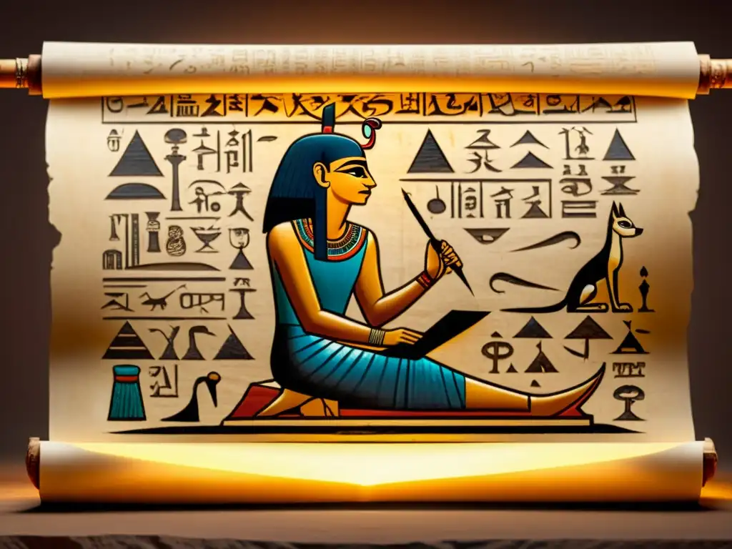 Detalle de ilustración 8k de un escriba en el antiguo Egipto inscribiendo con cuidado escritura demótica en un papiro