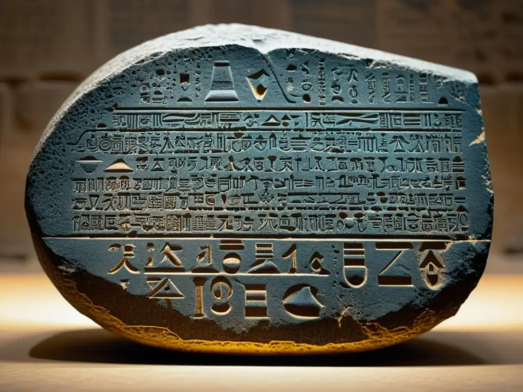 Detalle de la Estela de Rosetta antiguo Egipto con inscripciones en tres scripts, iluminación suave resalta su belleza histórica