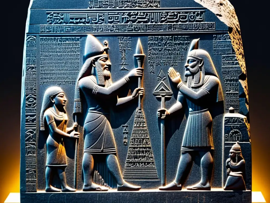 Detalle de la estela de Hammurabi, con inscripciones cuneiformes y bajorrelieve del dios Shamash entregando las leyes