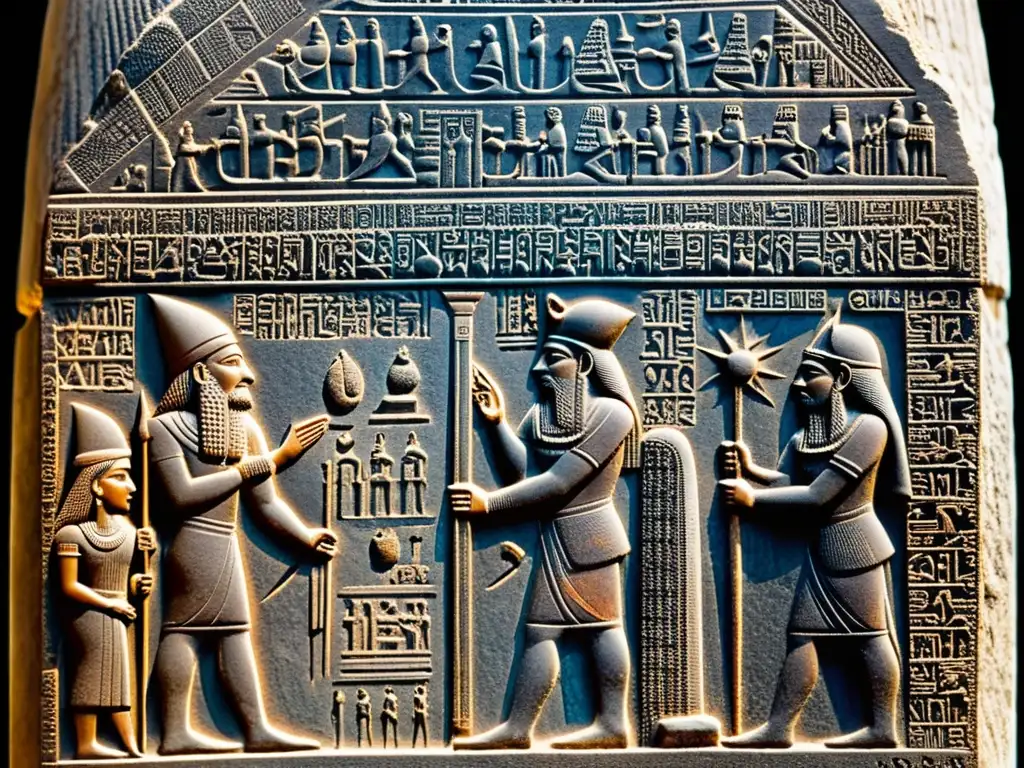 Detalle de la estela de Hammurabi con inscripciones cuneiformes y figuras en relieve, evocando la antigua Mesopotamia