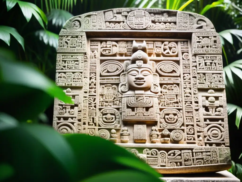 Detalle de una estela maya con glifos, cultura ancestral y naturaleza exuberante