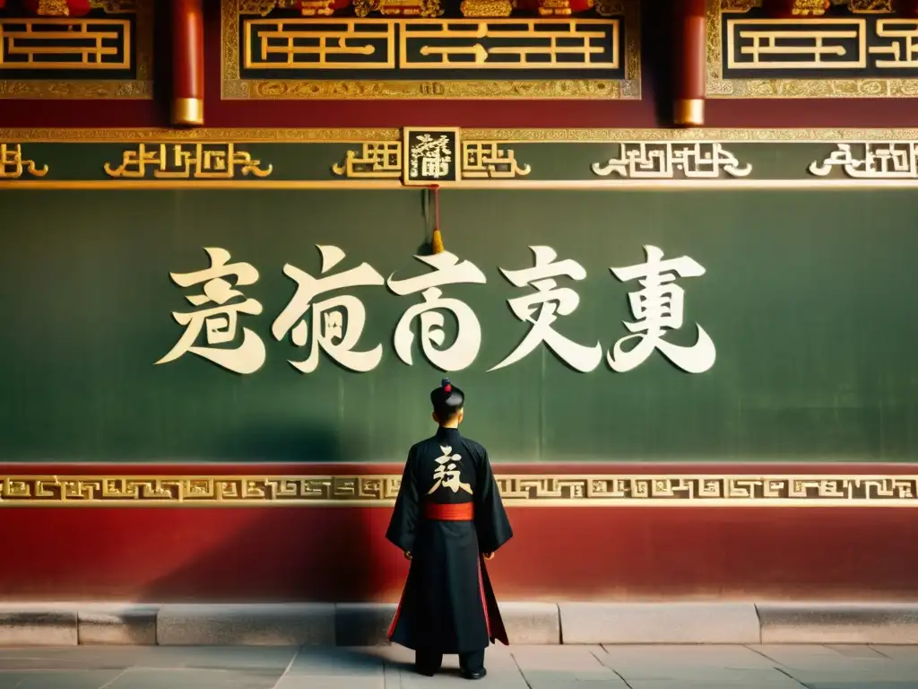 Detalle de la exquisita escritura en los palacios chinos, resaltando la belleza histórica y cultural de la caligrafía antigua en tonos cálidos