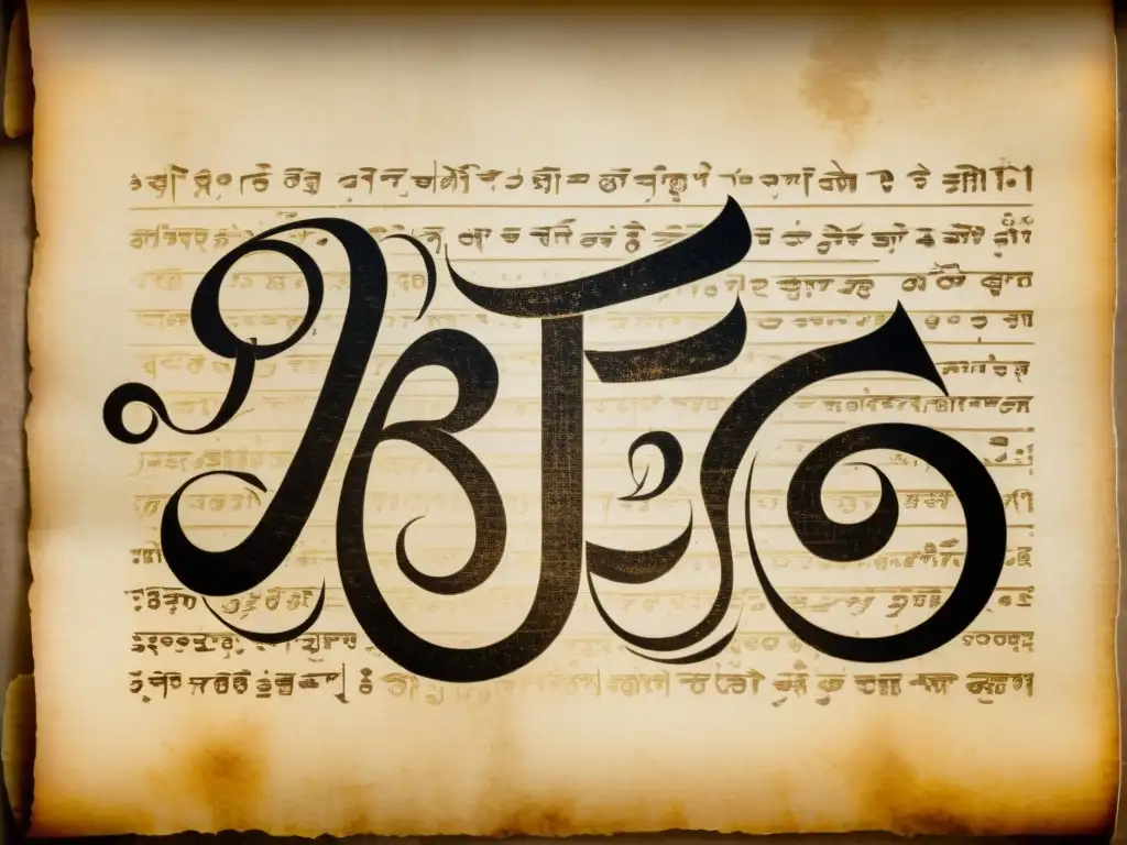 Detalle exquisito de escritura Devanagari en pergamino envejecido, evocando la exploración de escrituras diversas India