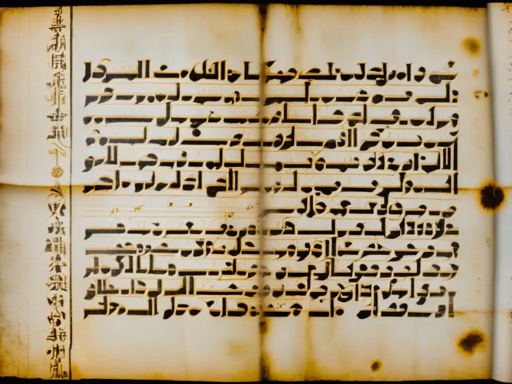 Detalle fascinante de un antiguo manuscrito en arameo con símbolos y patrones misteriosos, evocando los Manuscritos del Mar Muerto lenguaje oculto