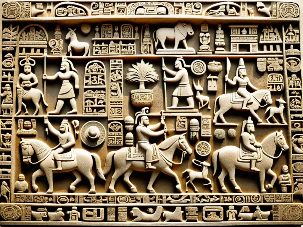 Tableta de piedra Olmeca y Maya: Intrincadas ilustraciones vintage Detalle de glifos Cacaxtla: antigua tableta de piedra con intrincados glifos que muestran la vida de las culturas Olmecas y Mayas