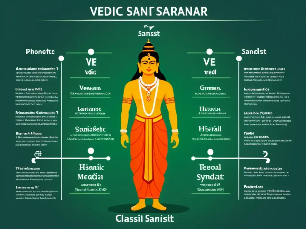 Detalle ilustrado de las diferencias entre sánscrito védico y clásico, mostrando la evolución con diagramas de fonética, morfología y sintaxis