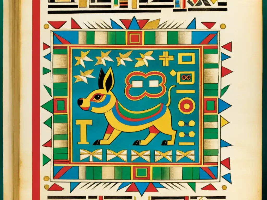 Detalle del Codex Mendoza, escritura en el imperio azteca en pigmentos vibrantes y textura envejecida, evocando su legado cultural