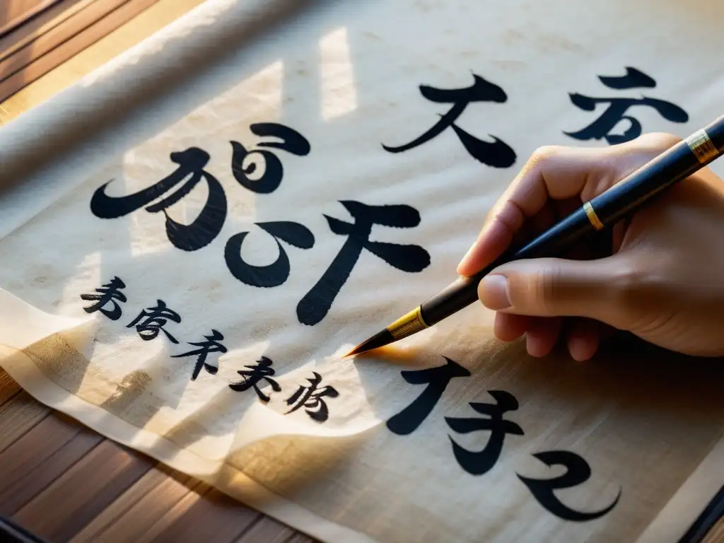 Escritura delicada de caracteres chinos en papel de arroz Un detalle impresionante de escritura de caracteres chinos con pincel, mostrando el significado espiritual de estos símbolos en la cultura china