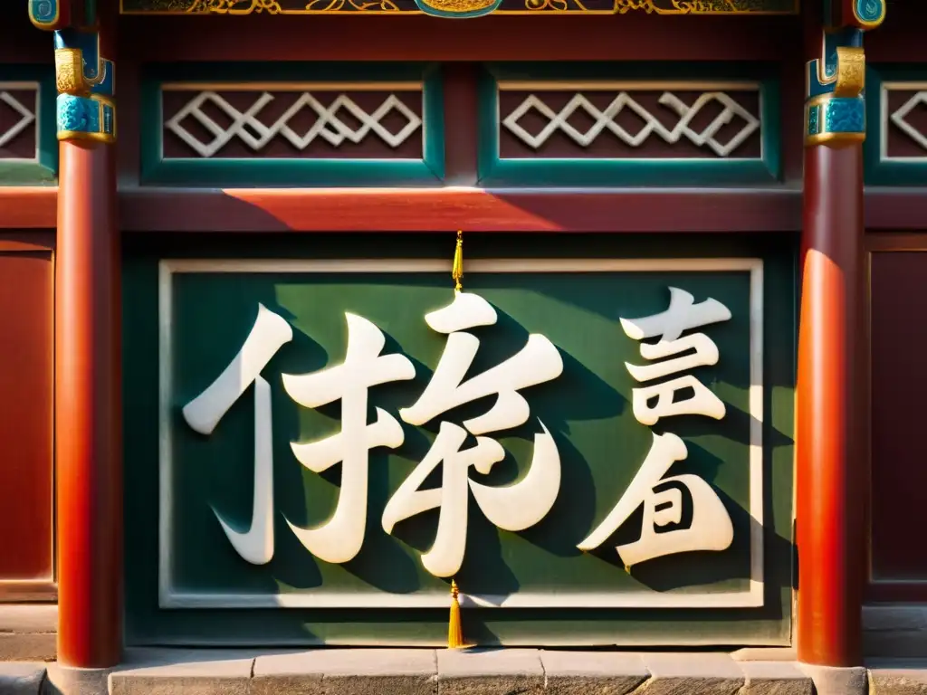 Detalle impresionante de la escritura en los palacios chinos: intrincada caligrafía iluminada por la suave luz solar