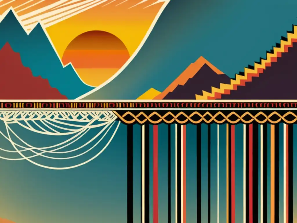 Detalle impresionante del Lenguaje de los Incas Quipu Andina en una ilustración vintage, con nudos intrincados y colores vibrantes